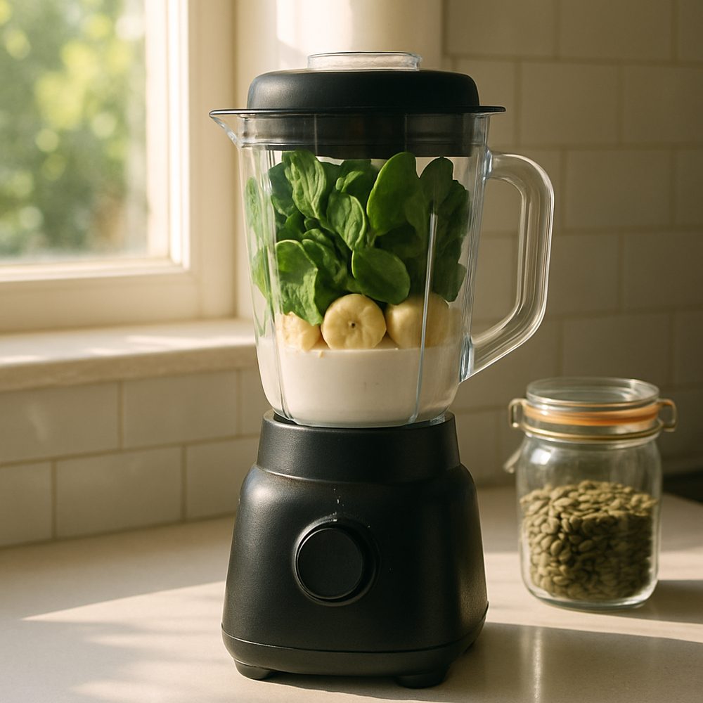 Blender with spinach, banana and milk