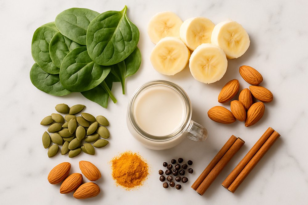 Smoothie ingredients laid out on a counter