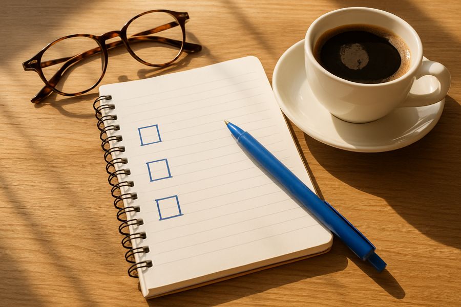 Notebook with three empty checkboxes, reading glasses and coffee