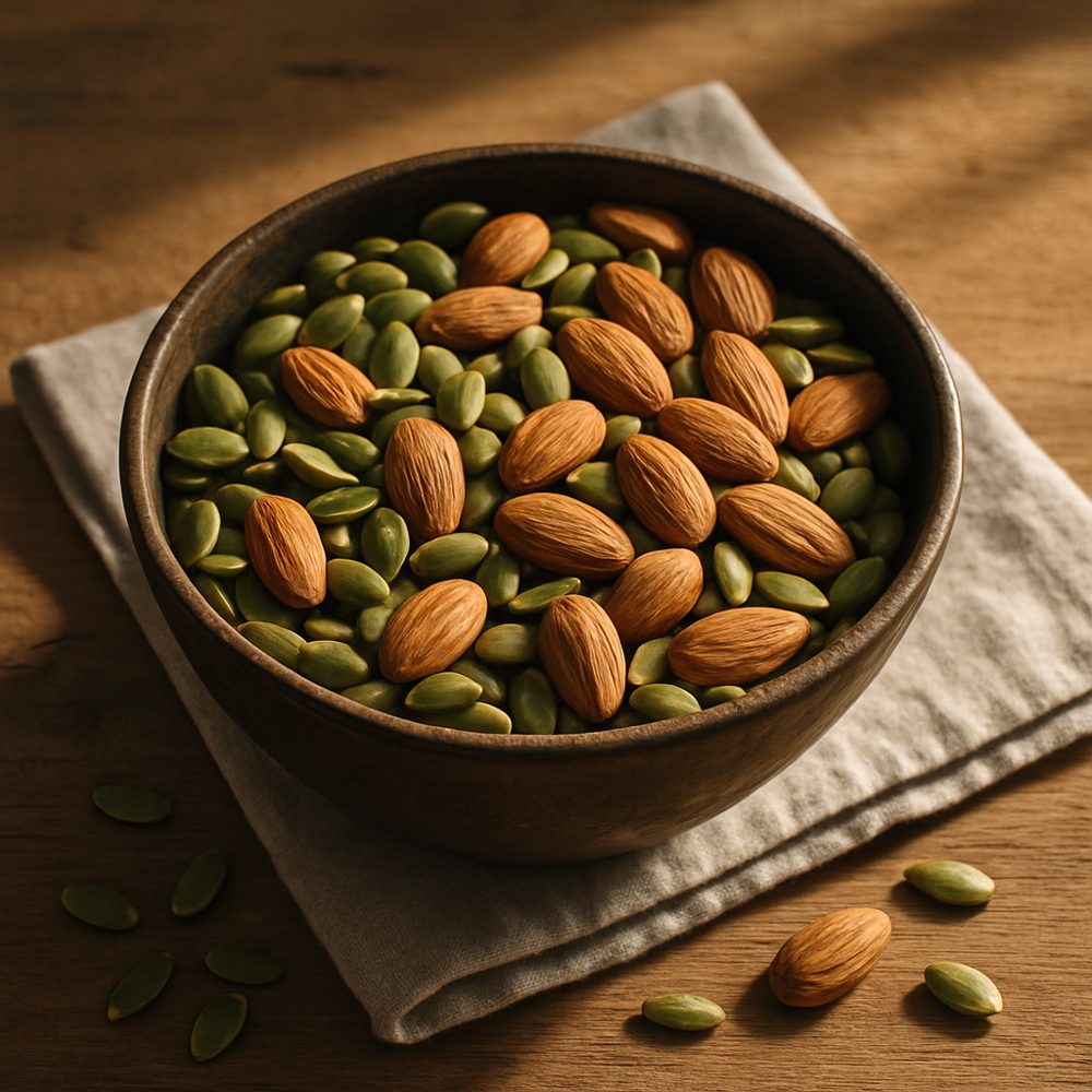 Bowl of pumpkin seeds and almonds