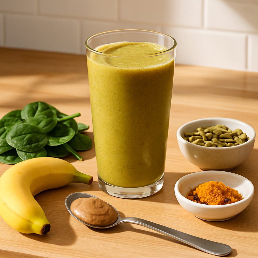 Golden green smoothie with spinach, banana, pumpkin seeds and turmeric