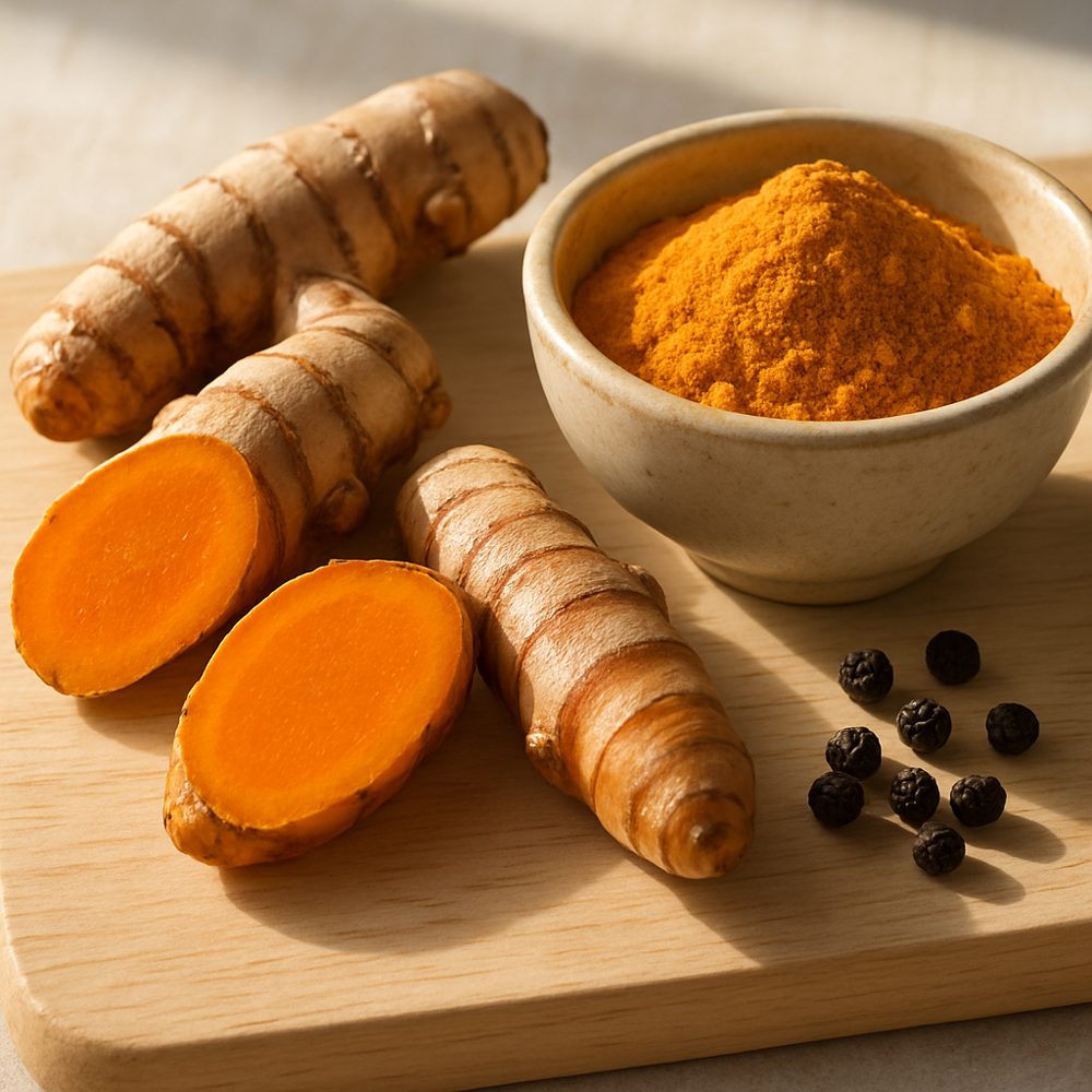 Fresh turmeric root, turmeric powder and black peppercorns